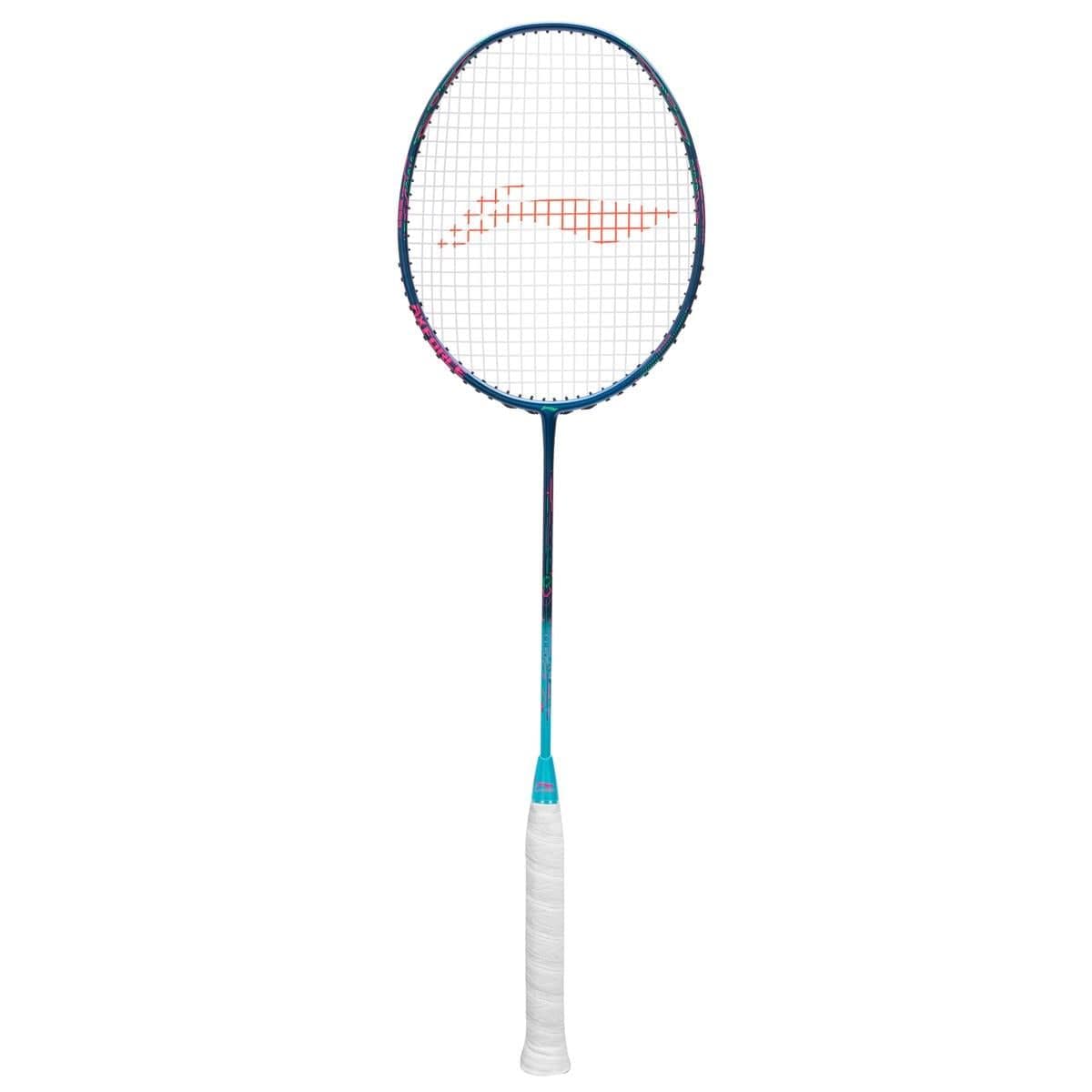 The Li-Ning Axforce 50 4U Badminton Racket - Blue features a blue frame complemented by white strings and grip. Designed for advanced players, the racket's strings display a small red logo. The handle is wrapped in white material to ensure a secure grip, presenting a sleek and modern design ideal for high-level play.
