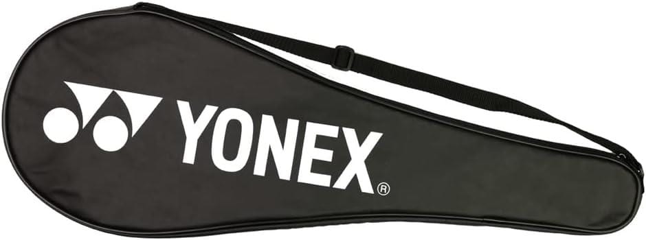 The Yonex Full Size Badminton Racket Cover - Black provides full racket protection, features a white Yonex logo, and comes with an adjustable shoulder strap for convenient carrying.