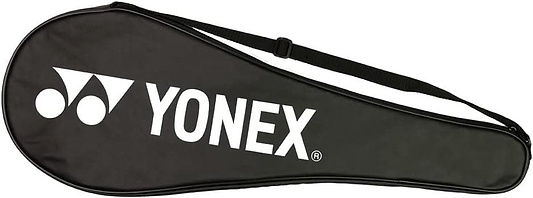 The Yonex Full Size Badminton Racket Cover - Black provides full racket protection, features a white Yonex logo, and comes with an adjustable shoulder strap for convenient carrying.