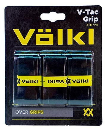 The packaging of the Volkl V-Tac Badminton Overgrip - 3 Pack - Black includes three ultra-thin and highly tacky badminton overgrips. Each grip is wrapped with a yellow Völkl branded band against a sleek black background, showcasing the text "V-Tac Grip" and "Over Grips.