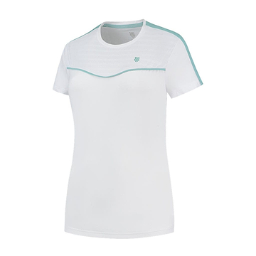 The K-Swiss Tac Hypercourt Round Neck Badminton Top 2 in white, with its light blue trim and subtle wave design on the front, is crafted from lightweight, breathable fabric. It's ideal for activities like badminton or casual wear.