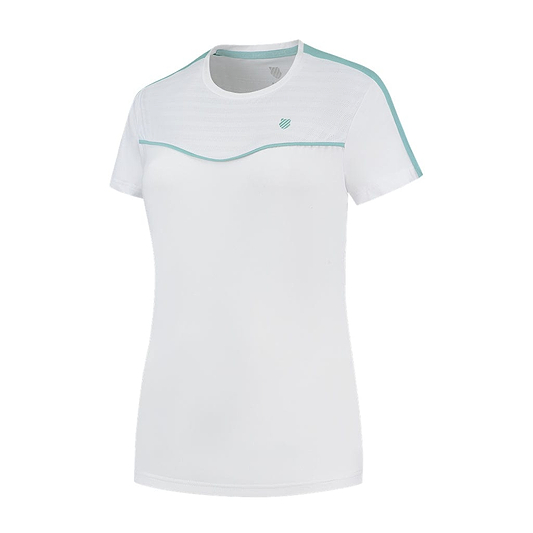 The K-Swiss Tac Hypercourt Round Neck Badminton Top 2 in white, with its light blue trim and subtle wave design on the front, is crafted from lightweight, breathable fabric. It's ideal for activities like badminton or casual wear.