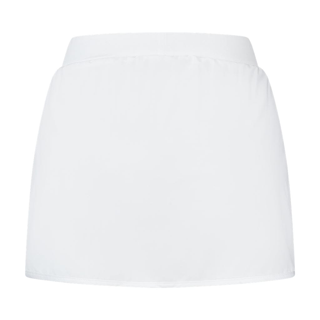 The K-Swiss Tac Hypercourt Pleated Badminton Skirt 4 in white, known for its high-waisted design and subtle pleated style, is featured against a white background.
