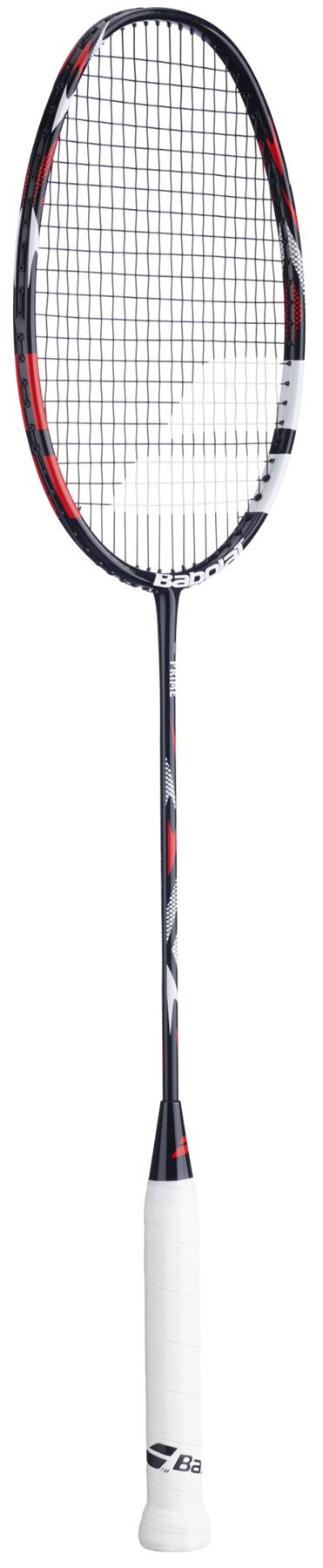 The Babolat Prime 2026 Badminton Racket – Black/White by Babolat stands upright against a plain background, featuring a lightweight frame, black strings, and white grip—perfect for beginners.