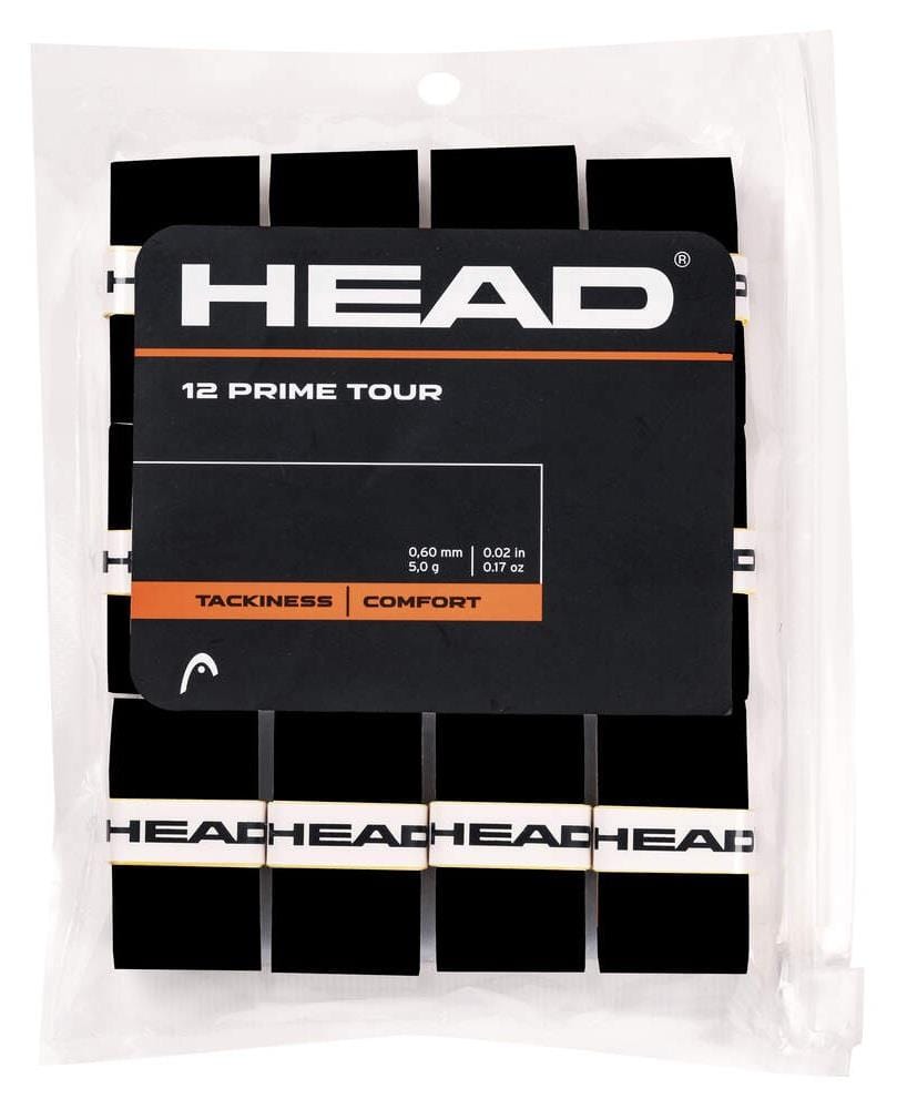 Packet of black HEAD Prime Tour Badminton Overgrip (12 Pack) with branding and specs. Designed for exceptional tackiness and feel, these overgrips provide superior comfort.