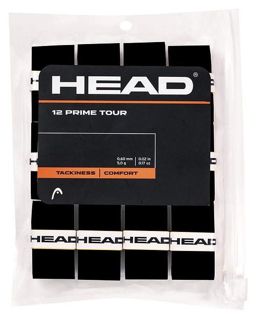 Packet of black HEAD Prime Tour Badminton Overgrip (12 Pack) with branding and specs. Designed for exceptional tackiness and feel, these overgrips provide superior comfort.