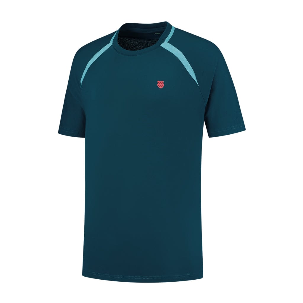 Introducing the K-Swiss Tac Hypercourt Mesh Crew 2 Badminton T-Shirt in Blue Opal, featuring light blue accents on the shoulders and sleeves. A small red emblem on the chest embodies a sleek sports apparel style.