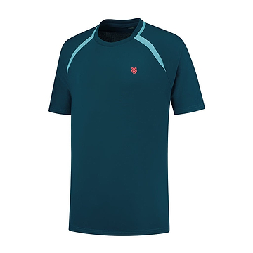 Introducing the K-Swiss Tac Hypercourt Mesh Crew 2 Badminton T-Shirt in Blue Opal, featuring light blue accents on the shoulders and sleeves. A small red emblem on the chest embodies a sleek sports apparel style.