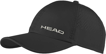 The HEAD Pro Player Badminton Cap in black is lightweight with silver "HEAD" lettering, UV protection, side ventilation holes, and a curved brim—perfect for active wear or as a badminton cap.