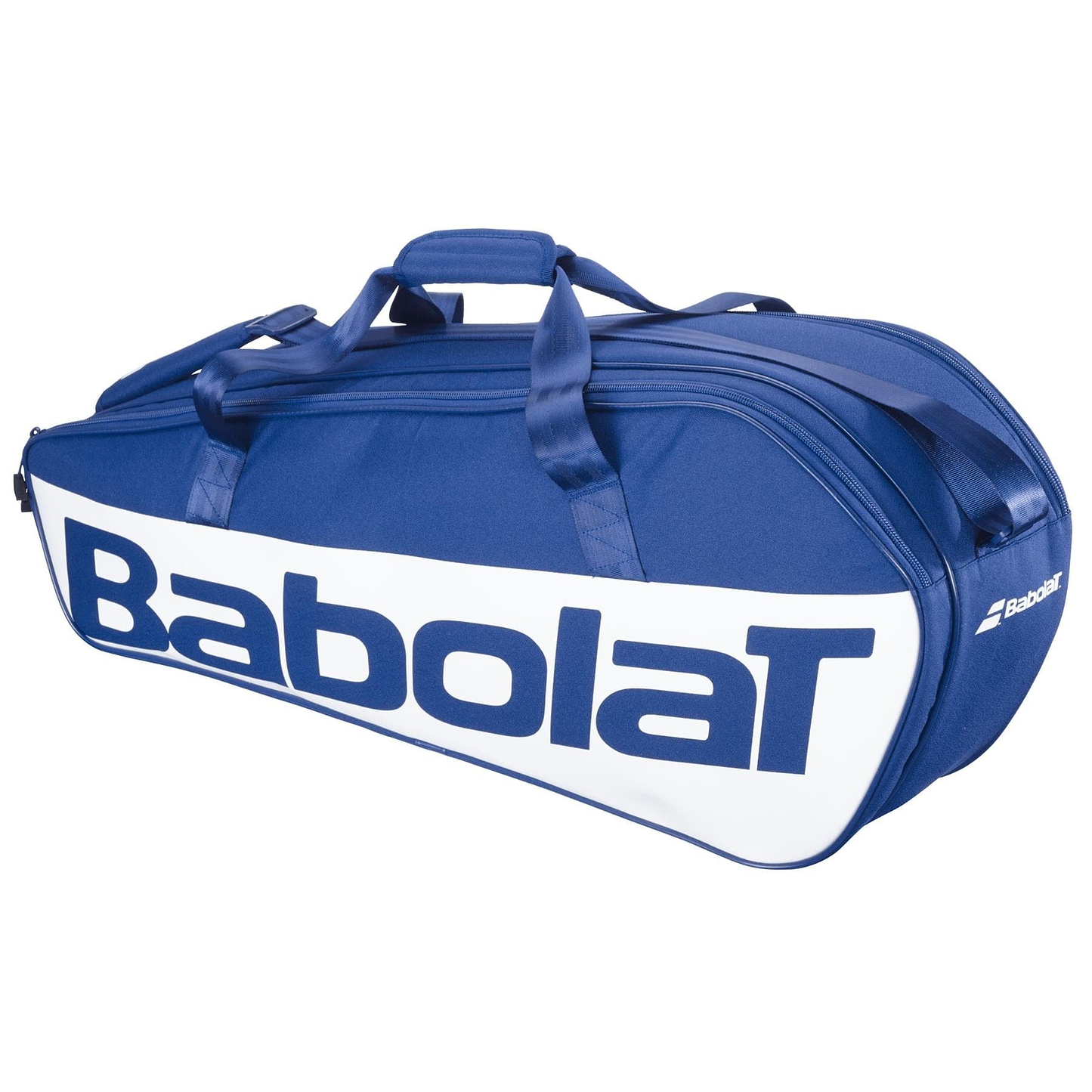 The Babolat Court M 6 Racket Badminton Bag in Dark Blue features large handles, recycled PET construction, and a prominent Babolat logo on the side.