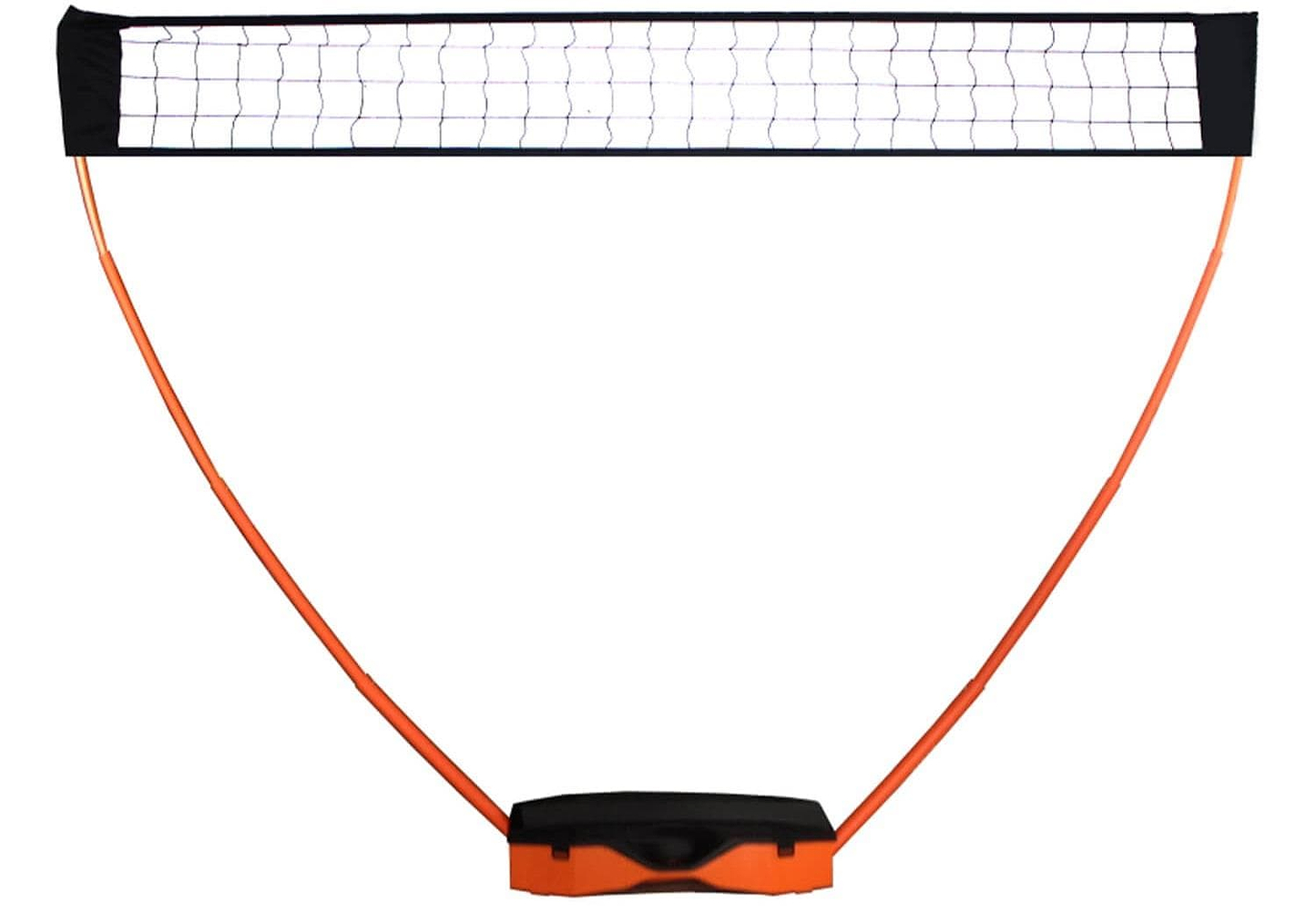 The Sure Shot Quick Fit 3 in 1 Garden Net Set features an orange and black frame with a sturdy black base. Curved orange poles support the net, offering a lightweight, simple design for easy setup and transport, ideal for any multi-sport net system needs.