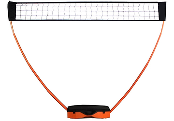 The Sure Shot Quick Fit 3 in 1 Garden Net Set features an orange and black frame with a sturdy black base. Curved orange poles support the net, offering a lightweight, simple design for easy setup and transport, ideal for any multi-sport net system needs.