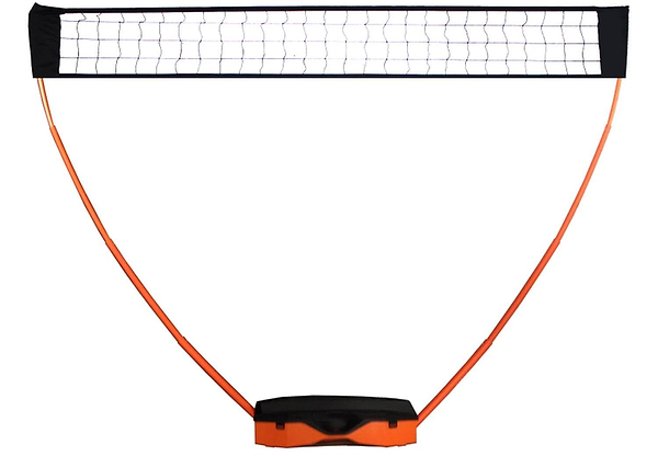 The Sure Shot Quick Fit 3 in 1 Garden Net Set features an orange and black frame with a sturdy black base. Curved orange poles support the net, offering a lightweight, simple design for easy setup and transport, ideal for any multi-sport net system needs.