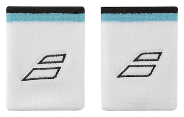 The Babolat Terry Jumbo Wristbands, available in White and Estate Blue, showcase an absorbent design with the brand's distinctive black stacked parallelogram logo. Each terrycloth wristband is accented with a striking light blue stripe at the top and a black edge, making them perfect for sporty wear.