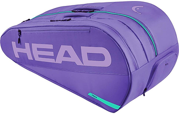 The HEAD Tour 9 Racket Badminton Bag L - Purple features bold HEAD branding and turquoise zipper accents, offering ample space for your rackets—ideal for transporting your gear in style.
