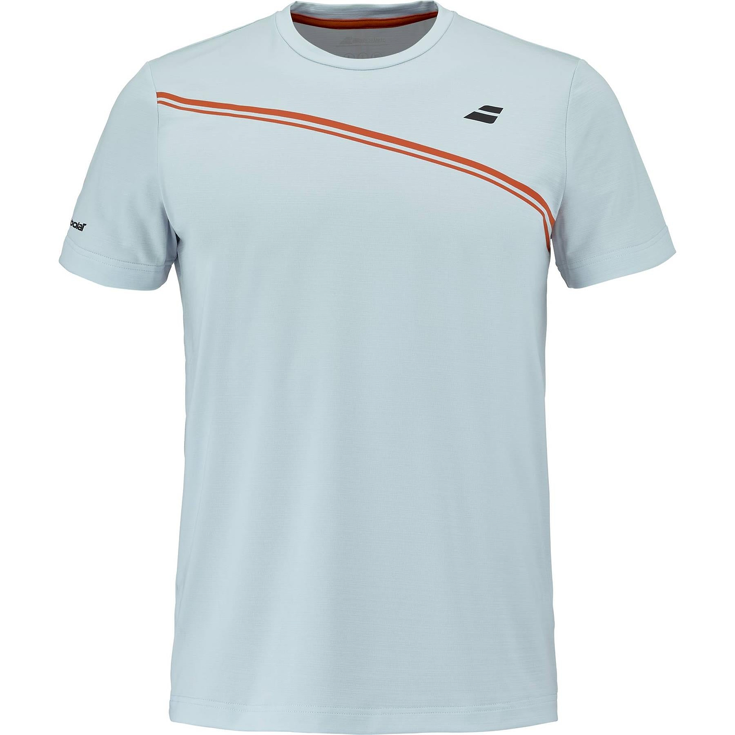The Babolat Play Men's Crew Neck Badminton T-Shirt in Illusion Blue features a red diagonal chest stripe and black Babolat logos on the chest and sleeve—a stylish choice for men’s badminton apparel.