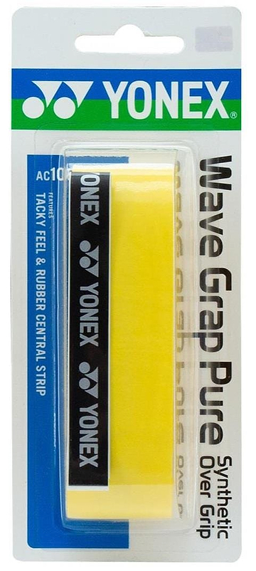 The Yonex AC108WEX Wave Grap Pure Badminton Overgrip in yellow offers non-slip performance for rackets. It comes in clear plastic and cardboard packaging, showing Yonex branding and product details.