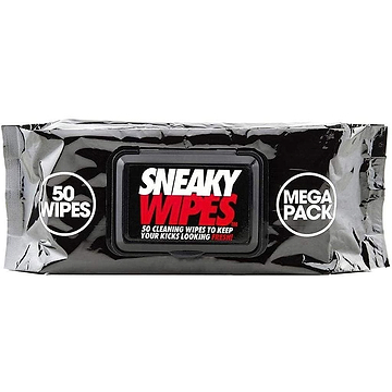 A pack of Sneaky Fresh Shoe Cleaning Wipes (50 Pack) features sleek black packaging with bold white and red text, making these essential wipes perfect for keeping your trainers looking fresh.