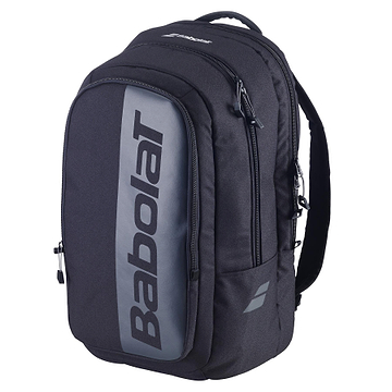 The Babolat Court Hero Badminton Backpack in black features a roomy design with several zippered compartments, padded shoulder straps, and is made from recycled PET. The brand name "Babolat" is displayed prominently on the front.