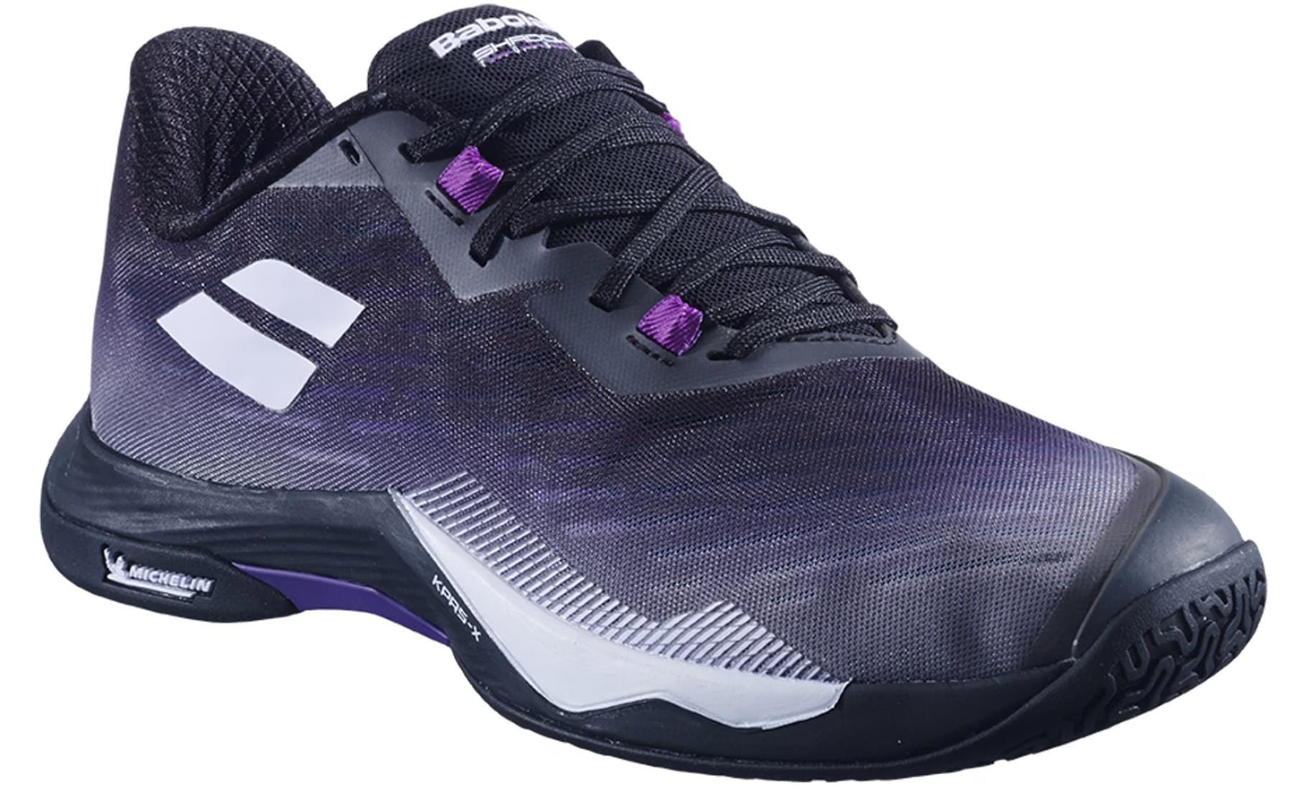 The Babolat Shadow Tour 5 Womens Badminton Shoes in black and purple feature white accents, a white side logo, black laces, and a Michelin-labeled sole—ideal badminton court shoes for top performance.