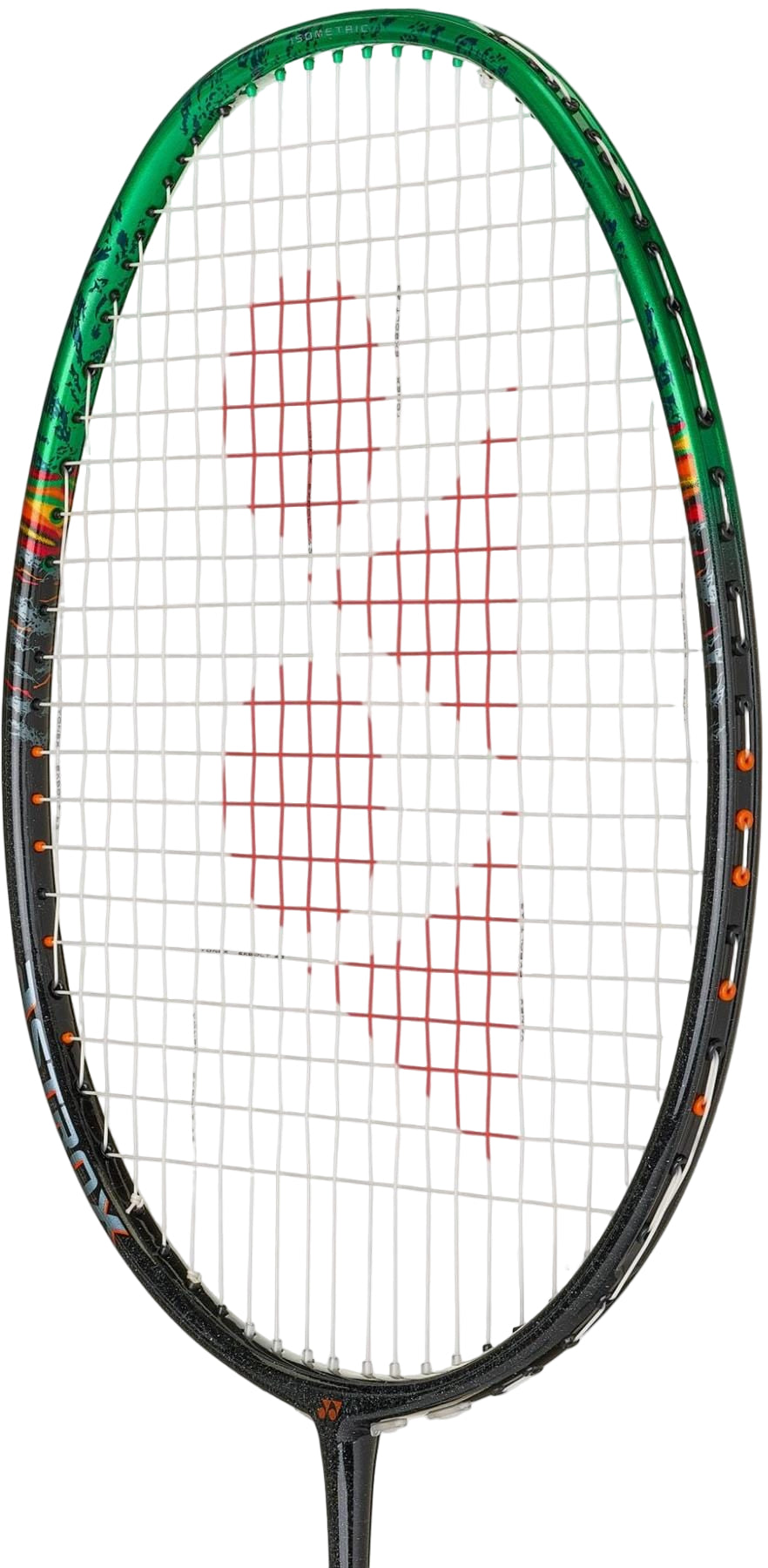 The Yonex Astrox 99 Pro Badminton Racket - Black / Green features the advanced Rotational Generator System and sports white strings with two large red intersecting circles forming the stylized "Y" Yonex logo.