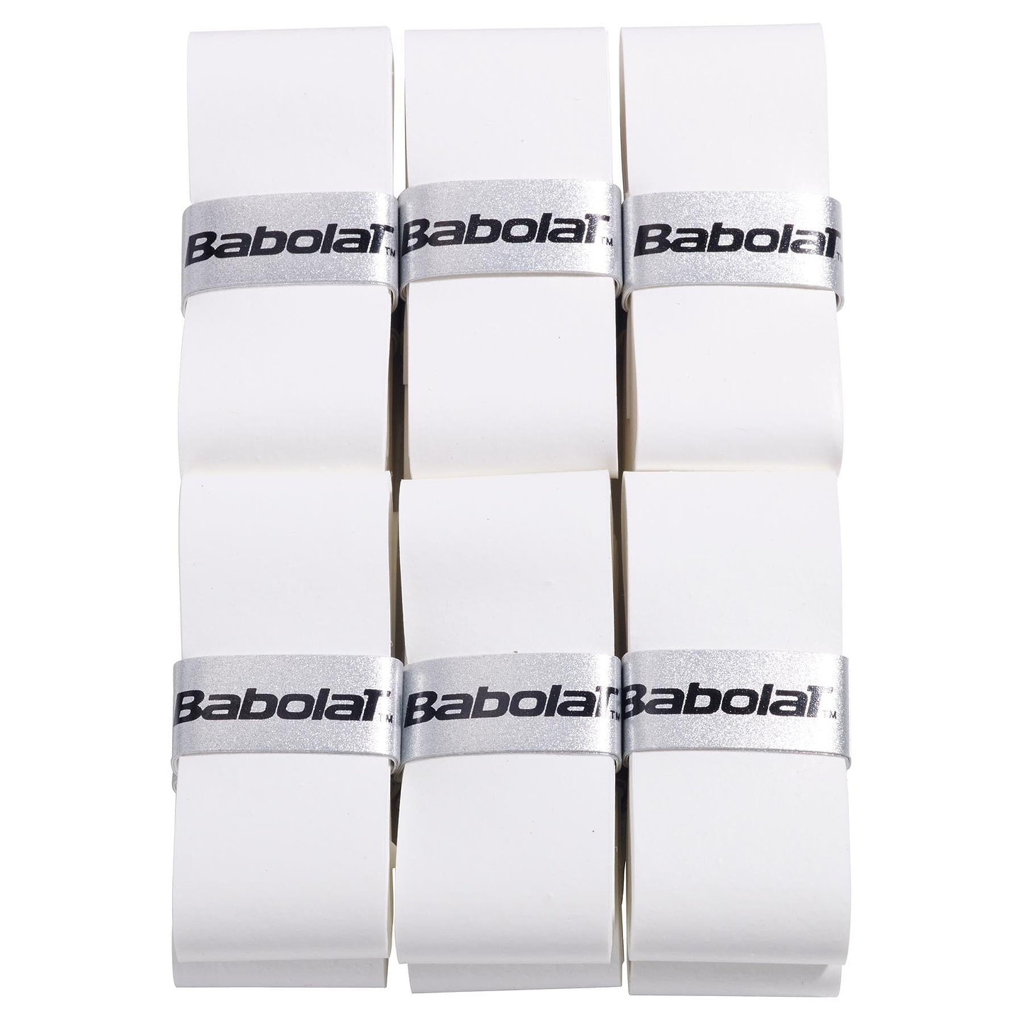 Twelve white Babolat VS Original badminton overgrips, valued for their dry feel and absorbency, are arranged in two columns of six, secured with silver bands labeled "Babolat.