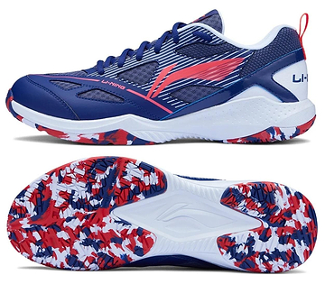 The Li-Ning Blast JF-01 Lite Unisex Badminton Shoes in blue and red feature the Li-Ning brand, white and red accents, and a high-traction blue/red camo outsole visible from the bottom view.