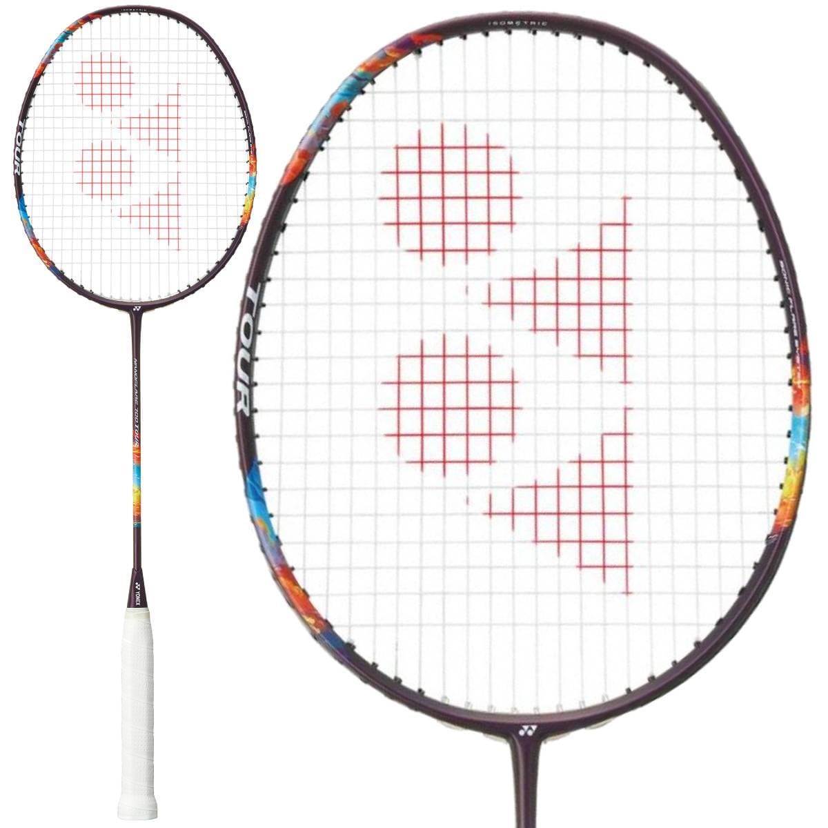 The Yonex Nanoflare 700 Tour 4U Badminton Racket in Midnight Purple features a white grip, dark frame with colorful accents, and red logo on the strings. A close-up of the head highlights its advanced player-oriented design.