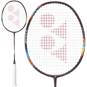 The Yonex Nanoflare 700 Tour 4U Badminton Racket in Midnight Purple features a white grip, dark frame with colorful accents, and red logo on the strings. A close-up of the head highlights its advanced player-oriented design.