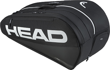 The HEAD Tour 9 Racket Badminton Bag L - Black features white branding, multiple zippered compartments, sturdy straps, CCT+ climate control technology, and a sleek design—ideal as a badminton bag or for carrying up to 9 rackets.
