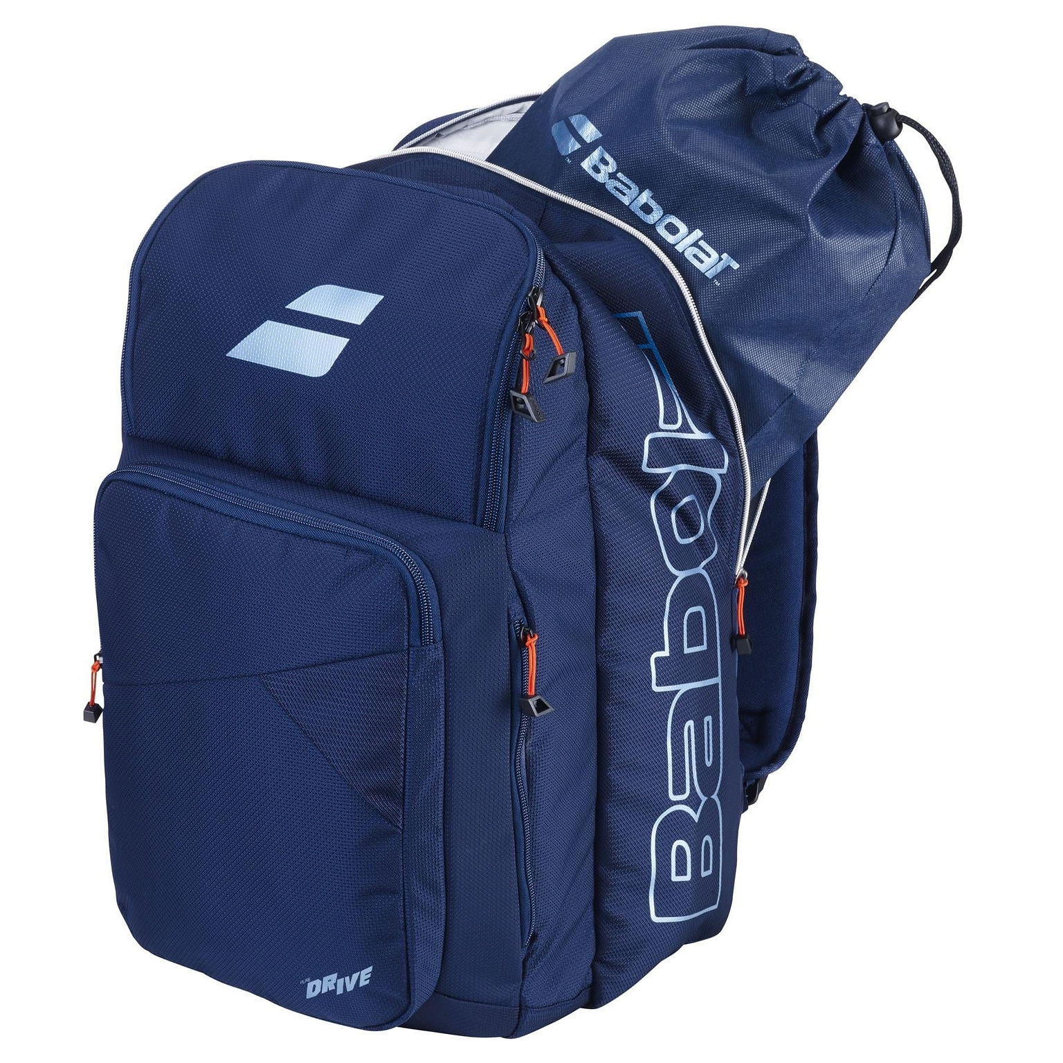 The Babolat Pure Drive Badminton Backpack in blue features multiple compartments and zippers for organizing gear, along with a top drawstring bag showcasing the iconic white Babolat logo.