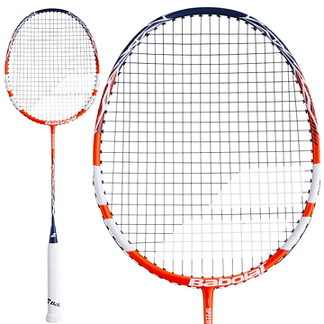 Two views of the Babolat Speedlighter 2026 Badminton Racket by Babolat, ideal for beginners. This model features an orange and white frame, with images showing the full racket and a close-up of the racket head.