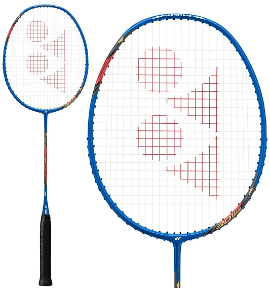 The Yonex Nanoray 72 Light 5U Badminton Racket in blue features a black grip, red geometric design on its white stringed head, and head light balance. Images display both the full racket and a close-up of its head.