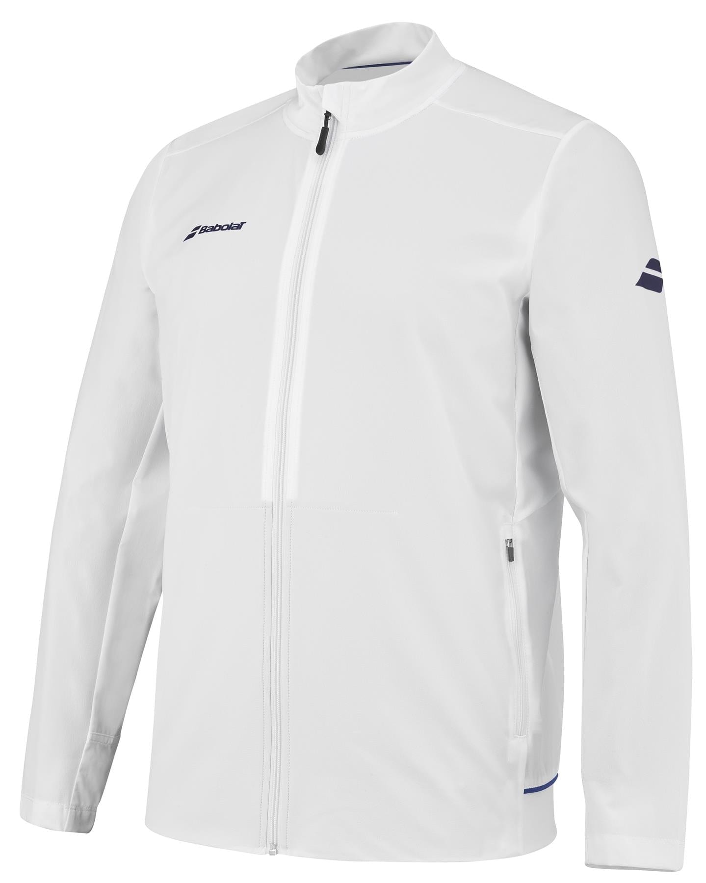 The Babolat Play Men's Badminton Jacket in white, designed by the renowned brand Babolat, showcases navy blue accents. It is crafted from Fiber Dry-polyester to ensure breathability and includes a high collar, pockets, and stretchable fabrics. The jacket is adorned with logos on both the chest and sleeve.
