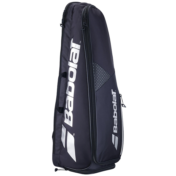 The Babolat Backrack 3 Badminton Bag - Black by Babolat features a sleek design with white logo text along the side. Constructed from recycled polyester, it includes multiple compartments and a sturdy handle for easy carrying.