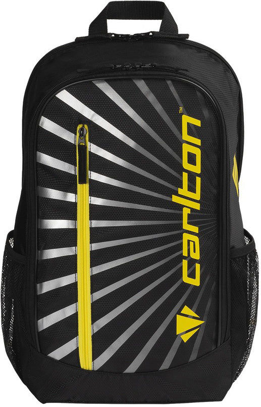 Introducing the Carlton Team Badminton Backpack in Black/Yellow by Carlton—designed with a front vertical yellow zipper, gray and white radial line accents, the signature yellow “Carlton” logo, and handy side mesh pockets. This stylish backpack is perfect for carrying your badminton gear and rackets.