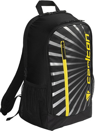 The Carlton Team Badminton Backpack in Black and Yellow features a stylish design with white radiating lines, a yellow zipper, and yellow “Carlton” branding on the front pocket. It also includes functional details like side mesh pockets, making it an ideal racket bag for both style and practicality.