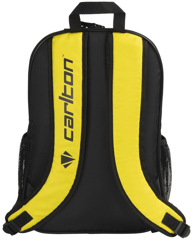 The Carlton Team Badminton Backpack - Black / Yellow by Carlton features black fabric with yellow straps, the Carlton logo in black text, and a small black triangle design on one strap. This backpack includes mesh side pockets and a top handle, making it an ideal racket bag for carrying your essentials to the court.