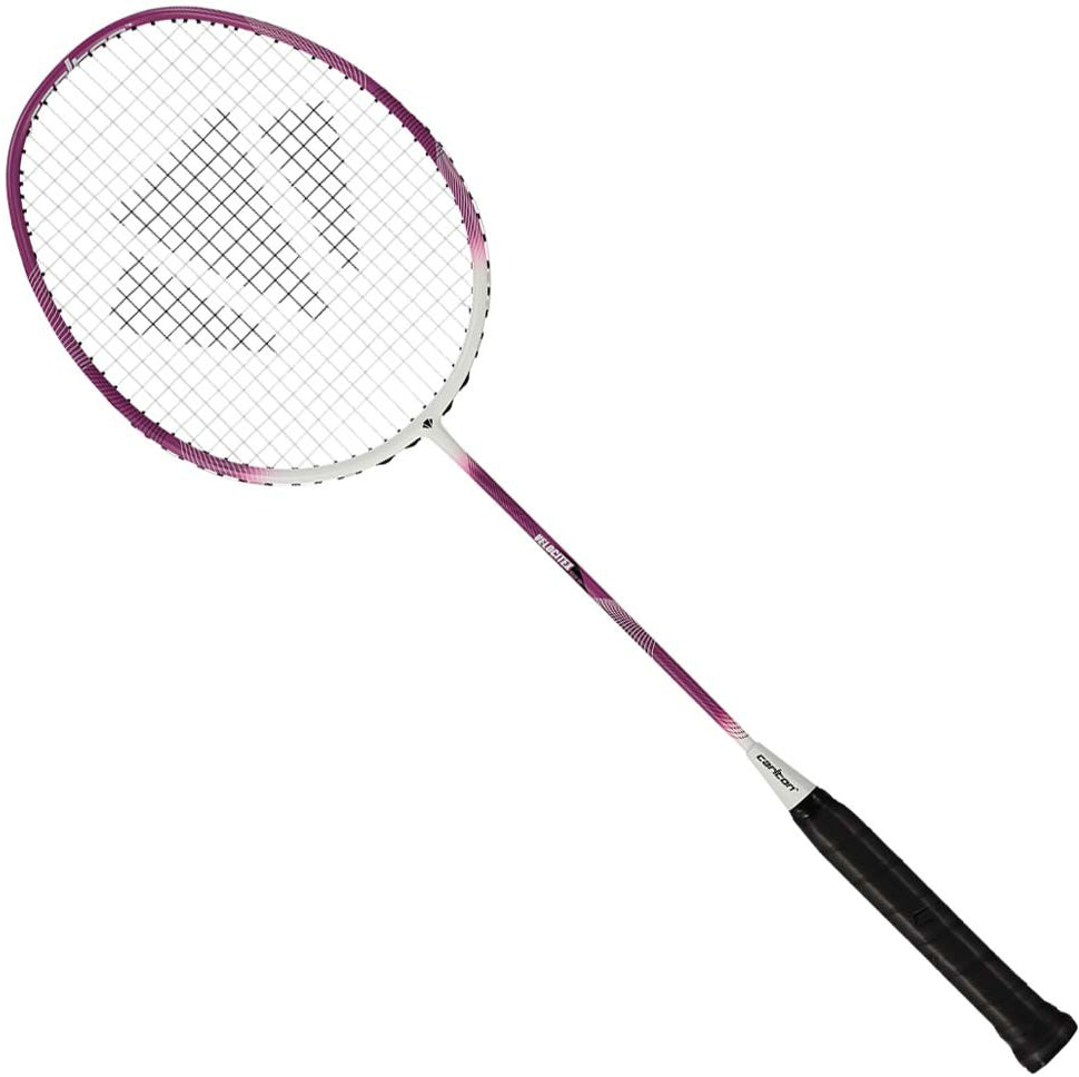 A Carlton Velocitex G2.0 G6 5U Badminton Racket by Carlton, featuring a black grip, a white and purple shaft, and a white stringed head, is displayed against a plain white background to showcase its sleek design as an ultra-lightweight racket ideal for intermediate players.