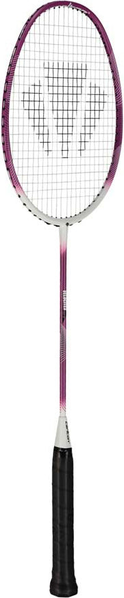The Carlton Velocitex G2.0 G6 5U Badminton Racket in white and purple by Carlton is displayed vertically with its black grip handle against a white background, emphasizing its ultra-lightweight design that is perfect for intermediate badminton players.