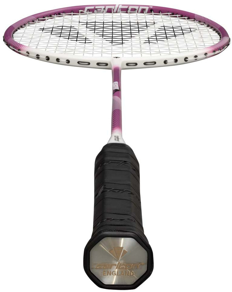 A close-up of the Carlton Velocitex G2.0 G6 5U Badminton Racket by Carlton, an ultra-lightweight racket with a black grip and a white and purple frame, displayed from handle to head with its strings clearly visible.