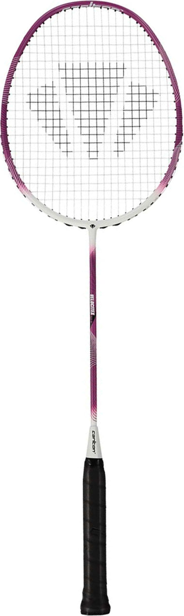 A white and purple Carlton Velocitex G2.0 G6 5U Badminton Racket by Carlton is displayed upright against a plain background, ideal for intermediate players looking for an ultra-lightweight badminton racket.