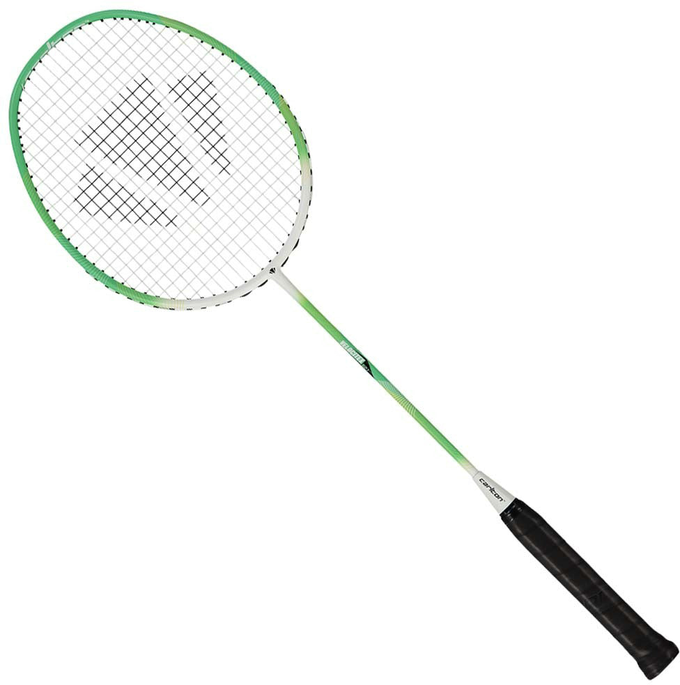 The Carlton Velocitex G2.1 G6 4U Badminton Racket by Carlton, in a striking white and green colorway with a black grip, features a head-heavy balance to deliver extra power for intermediate players and is presented against a white background.