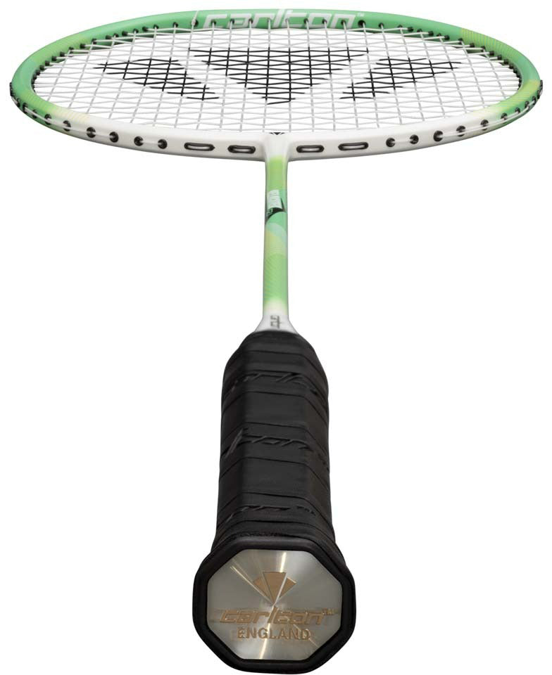 A close-up view of the Carlton Velocitex G2.1 G6 4U Badminton Racket in white and green, designed for intermediate players, featuring a black grip, a white and green shaft, and a white stringed head with a head-heavy balance, shown from the handle end.