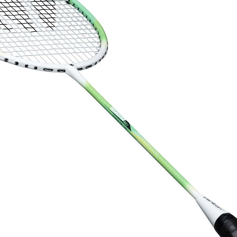 A close-up view of the Carlton Velocitex G2.1 G6 4U Badminton Racket in white and green, highlighting its head-heavy balance suited for intermediate players, with the handle, shaft, and part of the stringed head visible against a white background.