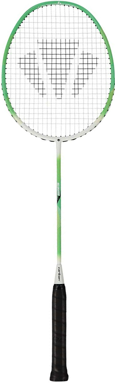 The Carlton Velocitex G2.1 G6 4U Badminton Racket by Carlton, in white and green with a black grip, is displayed vertically against a white background. Designed for intermediate players, this racket offers a head-heavy balance and features the brand’s logo pattern on the strings.