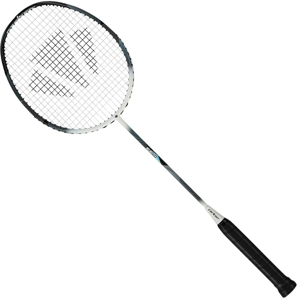 The Carlton Velocitex G2.2 G6 4U Badminton Racket by Carlton features an even balance with a sleek black and white frame, complemented by a black grip handle and white strings—perfect for intermediate players—displayed against a plain white background.
