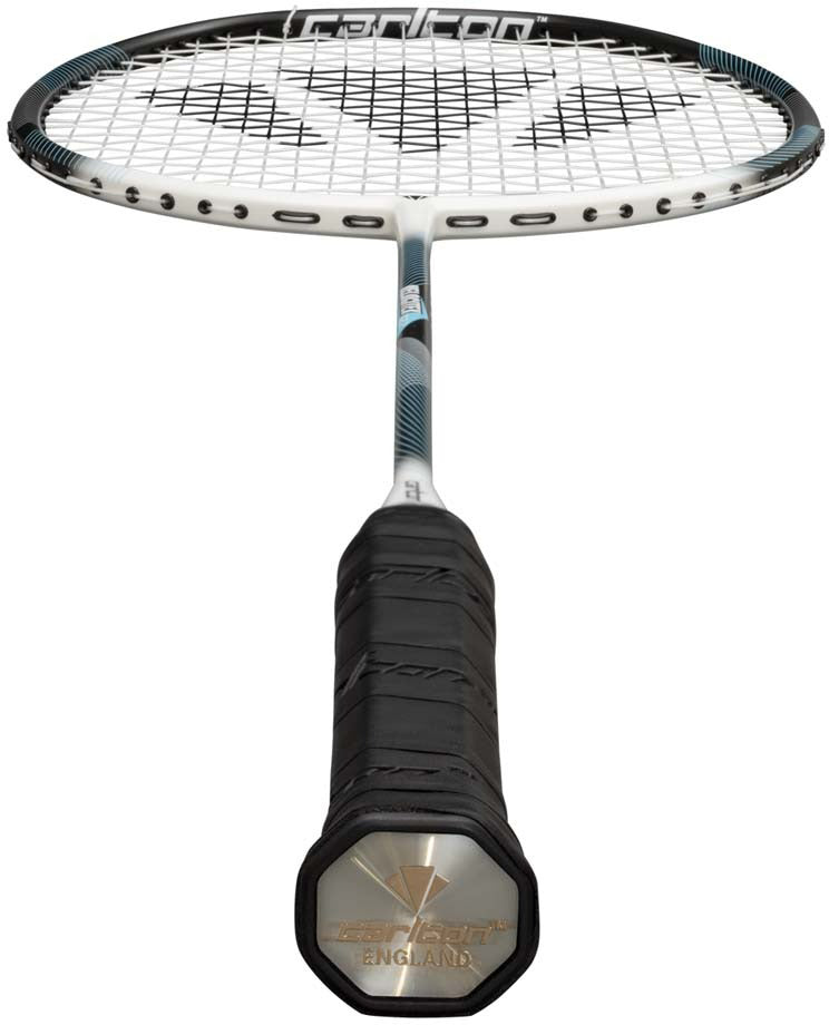A close-up view of the Carlton Velocitex G2.2 G6 4U Badminton Racket in White/Black, featuring a black grip, white frame, and strings, photographed from the handle end looking up toward the racket head—ideal for intermediate players seeking precision and control.