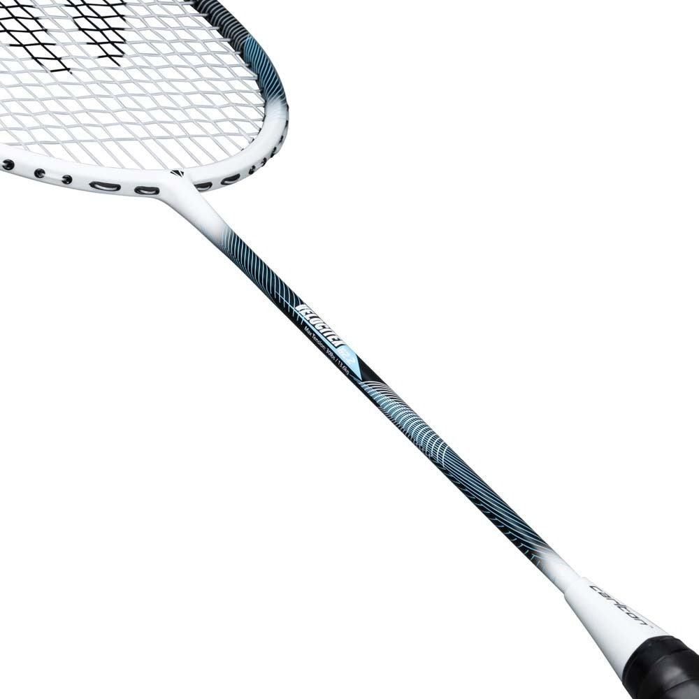 A close-up of the Carlton Velocitex G2.2 G6 4U Badminton Racket in white and black, featuring an even balance design, displays part of the head, string pattern, and shaft against a white background—ideal for intermediate players.