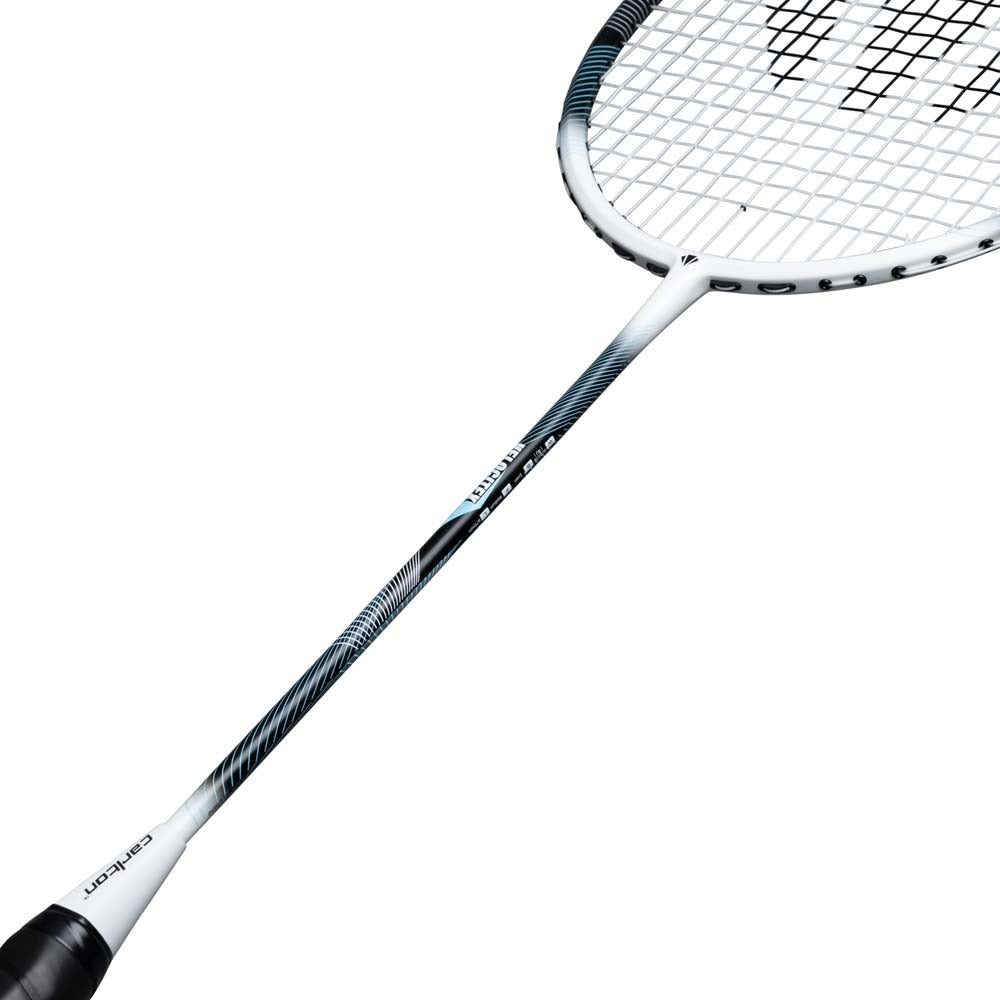 A close-up image of the Carlton Velocitex G2.2 G6 4U Badminton Racket in white and black, designed by Carlton for intermediate players, showcases its handle, shaft, and strung oval head against a plain white background.